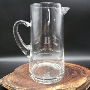 Monogram B Clear Glass Pitcher 9" 56 oz Hand Blown Style Applied Handle Barware